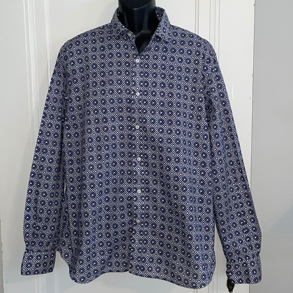 Massimo Dutti blue & white patterned cotton long sleeve shirt